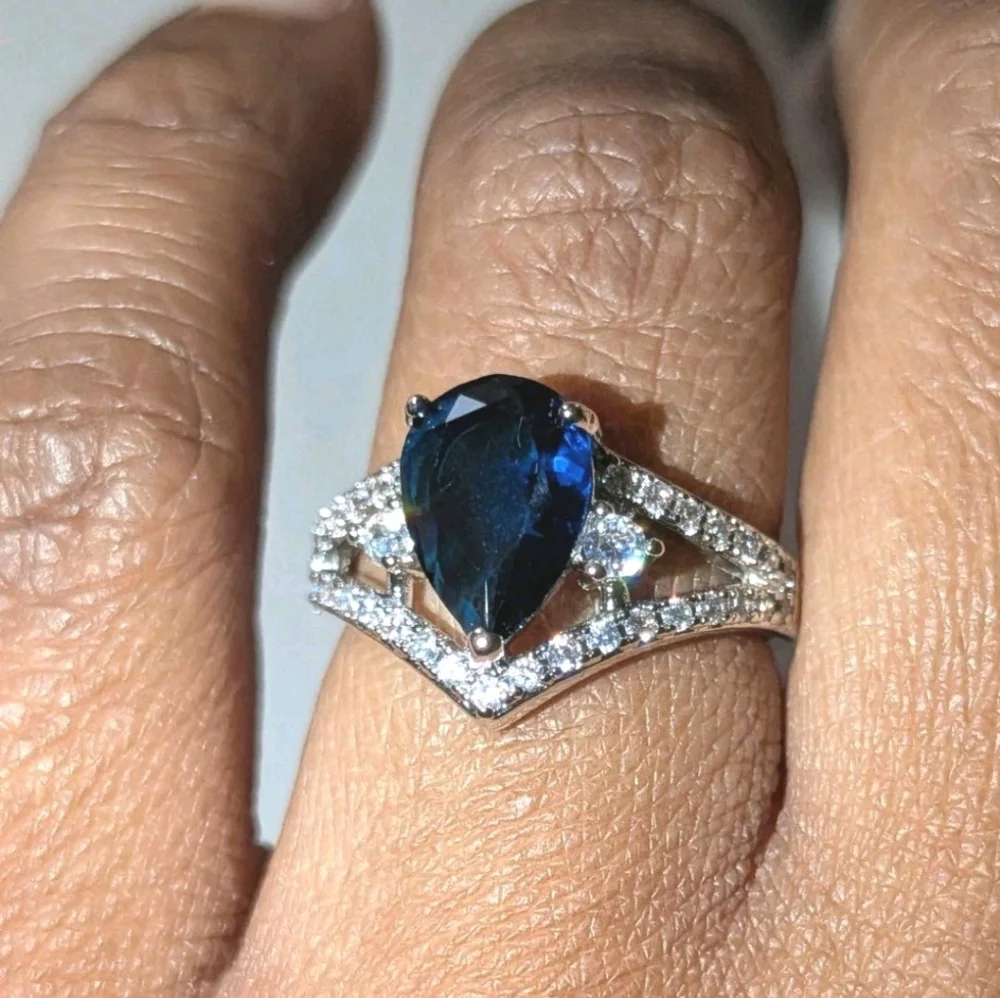 14K White Gold Plated 2Ct Pear Cut Lab-Created Tanzanite Engagement Women Ring